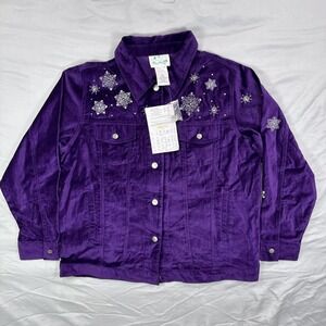 NWT The Quacker Factory Jacket Womens M Purple Embroidery Christmas Snowflake